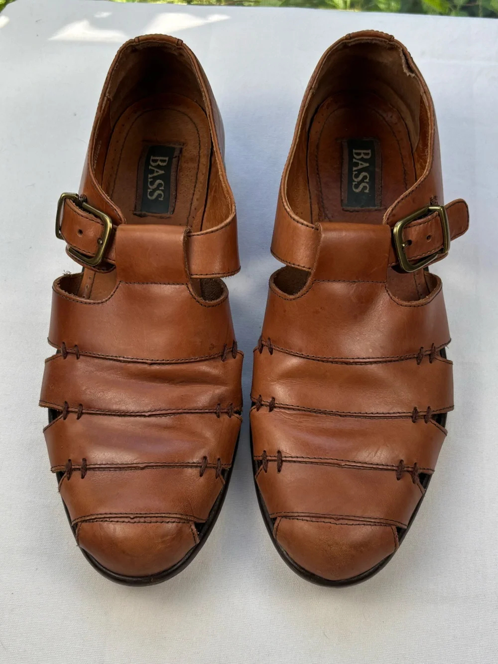 Bass Muzi Loafers British Tan Men’s Size 12 Leather Monk Strap Sandals w/Buckle